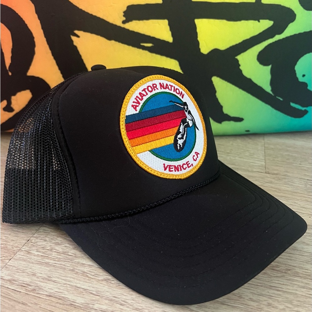 Aviator Nation Black Signature Surfer Venice Rainbow Trucker Hat
